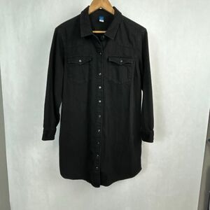 Denim Mini Shirt Dress Sz Large Petite Snap Button Long Sleeve Old Navy Black